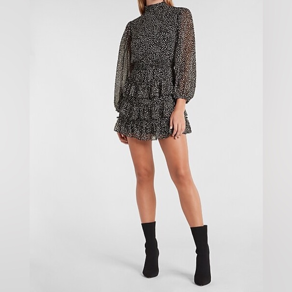 Express Dot Print Smocked Mock Neck Tiered Ruffle Dress